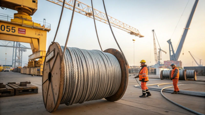 Workers operating cranes with steel wire ropes in an industrial setting