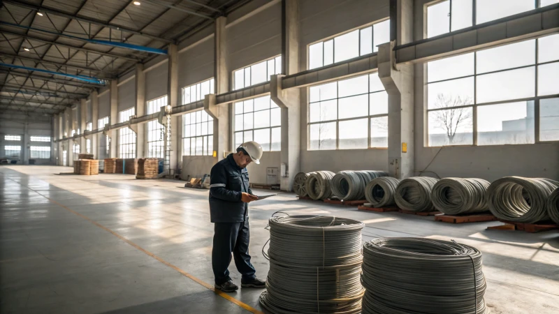 An employee inspecting eco-friendly wire ropes in a spacious warehouse