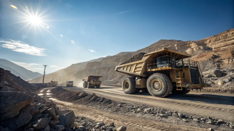 A large mining operation with heavy machinery on rugged terrain