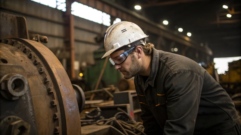 A maintenance technician inspecting a large metal machine in an industrial workshop.