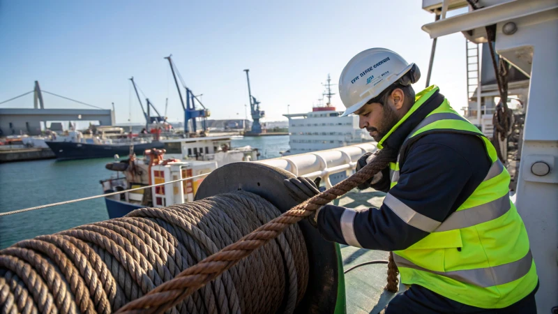 A technician inspecting a steel wire rope in a harbor setting.