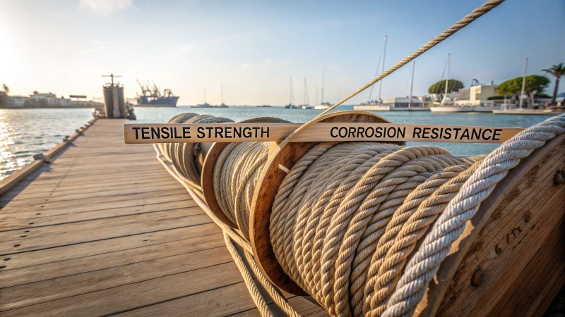 A collection of labeled marine wire ropes on a dock by the sea