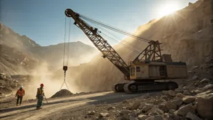 A mining crane at a rugged site with heavy steel wire ropes and workers in safety gear.
