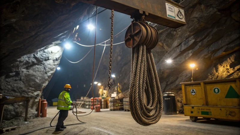 A miner inspecting steel wire ropes in a mining environment