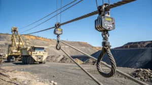 Detailed view of steel wire ropes in a mining operation