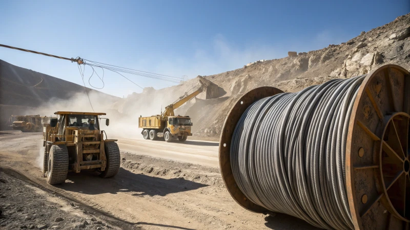 Mining site with steel wire ropes and heavy equipment