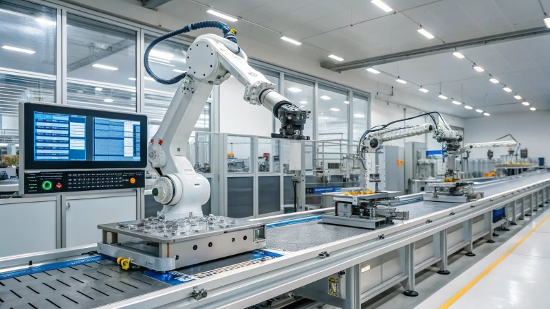 Robotic arms assembling products on a conveyor belt in a bright factory.
