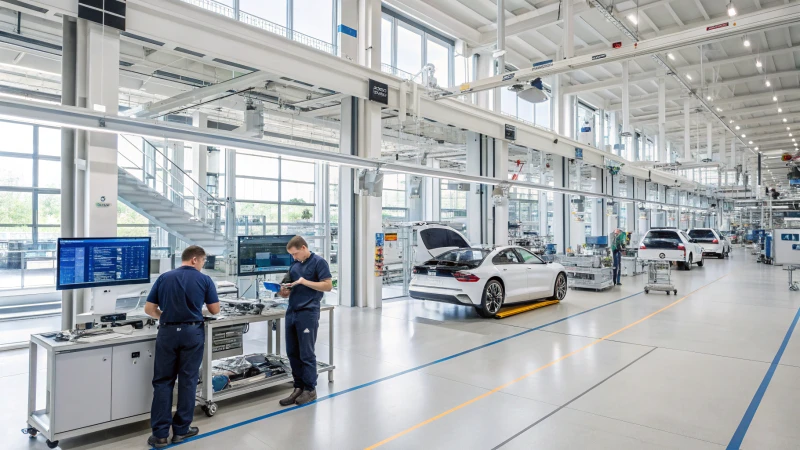 A modern automotive manufacturing facility with advanced machinery and workers interacting with digital displays.