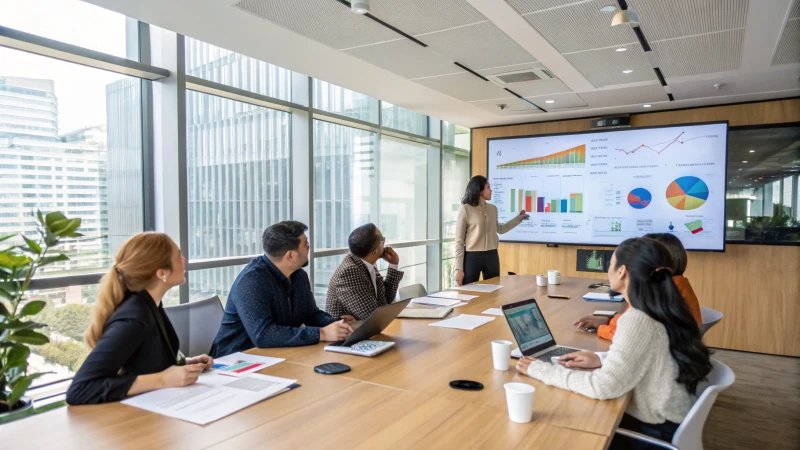 A modern conference room with professionals discussing supplier metrics.