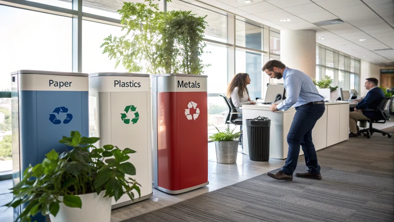 Employees engaging in recycling efforts in a bright office