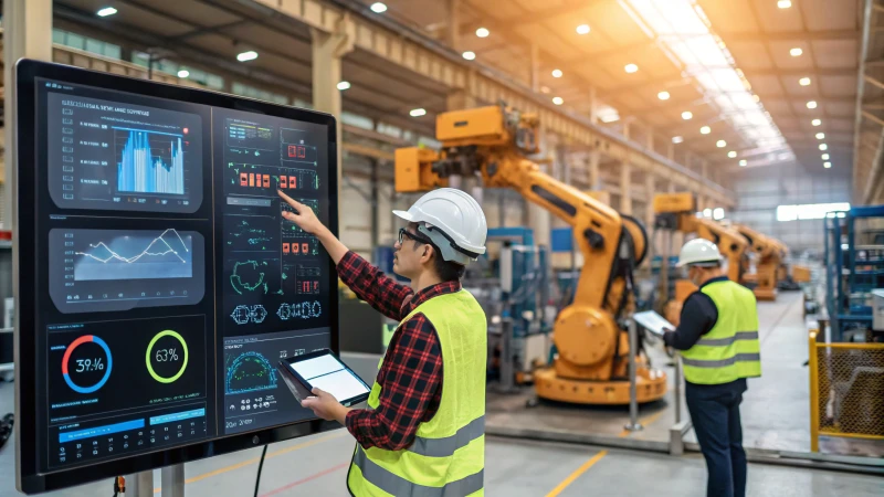 A modern industrial setting with machinery and digital screens