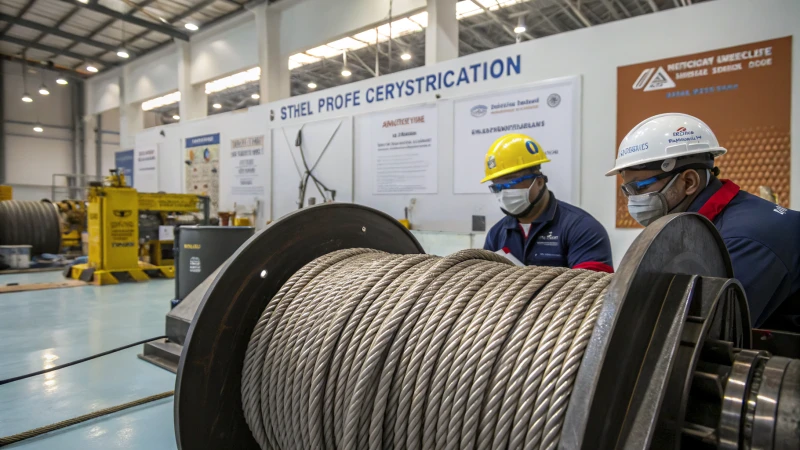 Technicians examining steel wire rope in a modern laboratory