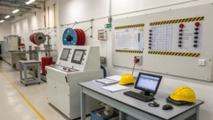 A modern laboratory testing steel wire ropes for automotive manufacturing.