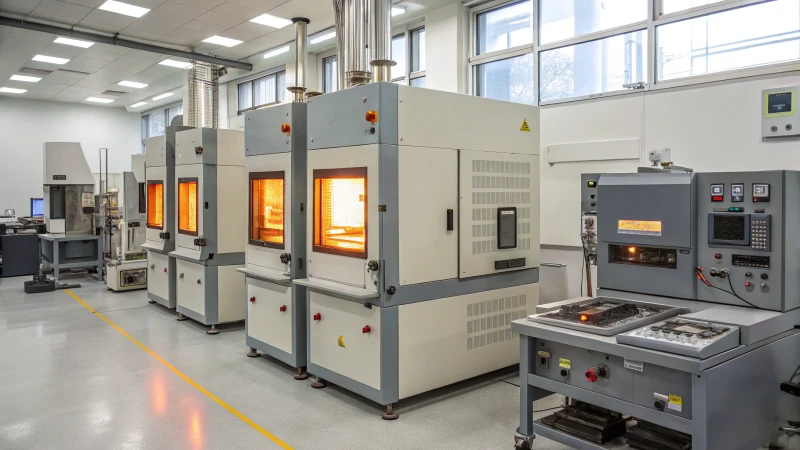 A modern metallurgical laboratory with furnaces and steel samples