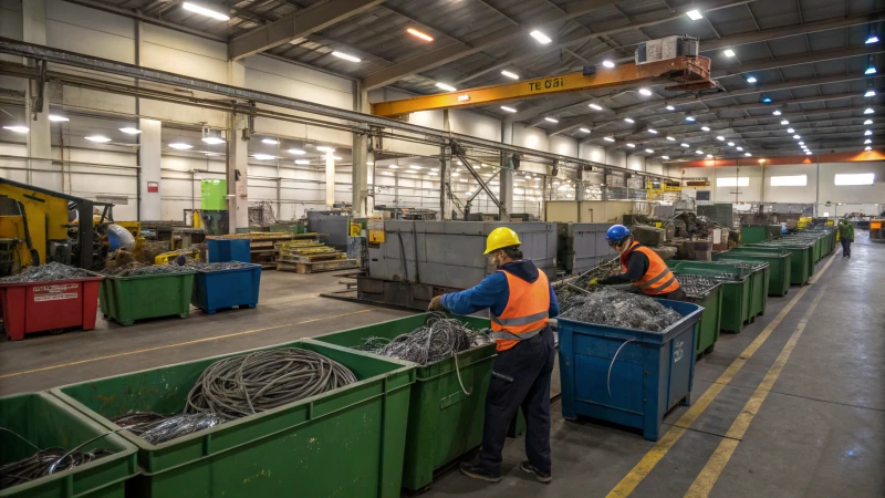 Workers sorting steel wire ropes in a recycling facility