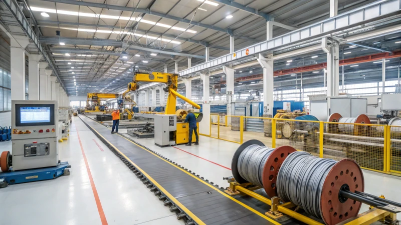 A modern steel wire rope manufacturing facility with machines and workers.