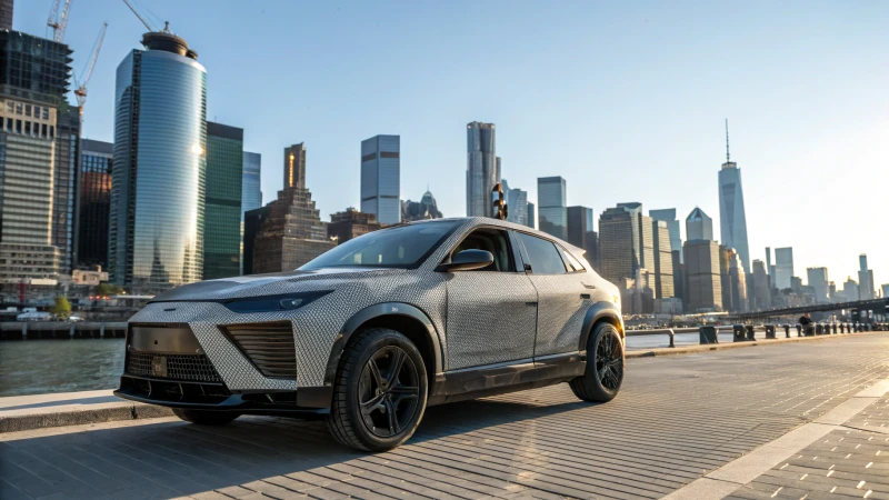 A modern vehicle with carbon fiber panels against a city skyline