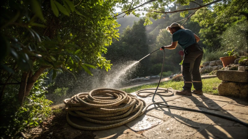 A person cleaning a climbing rope with a hose in nature.