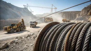 A mining site with steel wire ropes and heavy machinery