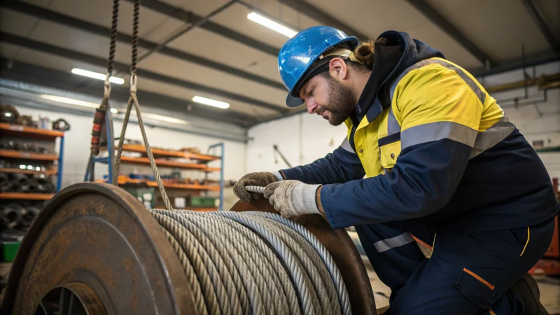 Technician installing steel wire ropes on an industrial drum