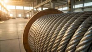 Close-up of a steel wire rope under sunlight