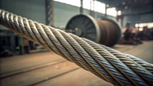 Close-up of a steel wire rope with a braided structure