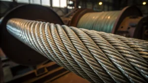 Close-up of a steel wire rope showcasing its twisted strands
