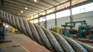 Close-up of a steel wire rope in an industrial setting