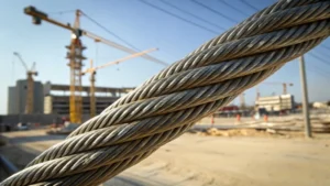 Close-up of a thick steel wire rope at a construction site