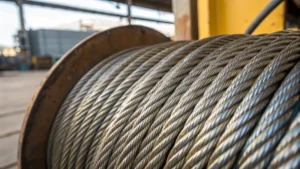 Close-up of a steel wire rope against an industrial background