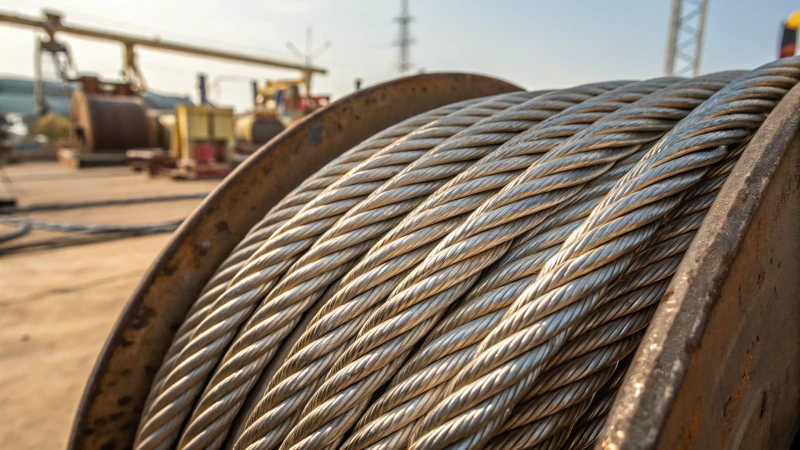 Close-up of a corrosion-resistant steel wire rope with shiny chrome plating