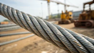 Close-up of a steel wire rope showing twisted strands