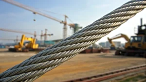 Close-up of a robust steel wire rope with industrial machinery in the background