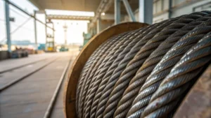 Close-up of a shiny polyurethane-coated steel wire rope