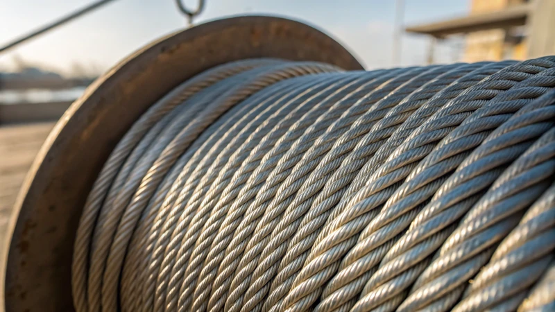 Close-up of a steel wire rope showcasing its shiny metallic surface and fine textures.