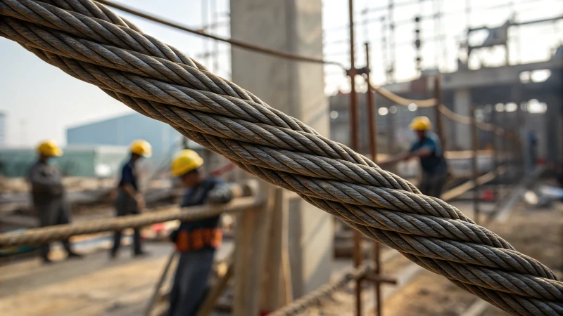 Close-up of steel wire rope with construction site blurred in the background