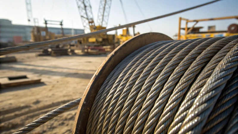 Close-up of coiled steel wire rope on construction site