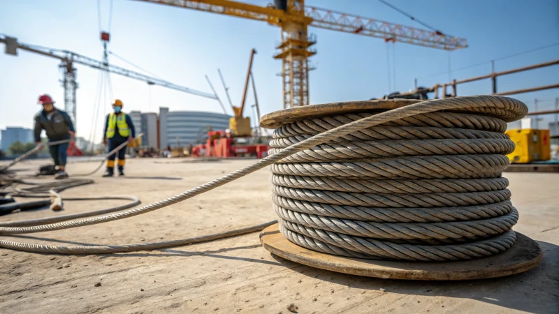 Close-up of a steel wire rope coiled on the ground at a construction site