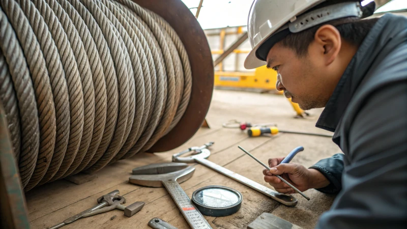 Close-up of steel wire rope being inspected with a magnifying glass.