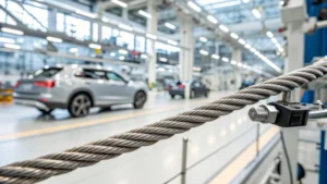 Detailed view of a steel wire rope with IoT sensors in a manufacturing facility