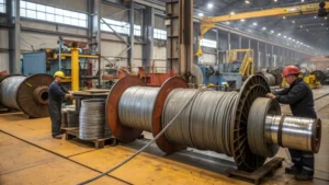 Workers in a steel wire rope manufacturing facility