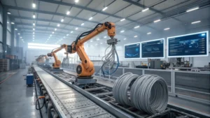 A modern steel wire rope manufacturing facility with robotic arms and conveyor belts.