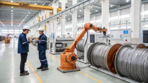 Modern industrial facility producing steel wire ropes with robots and sensors