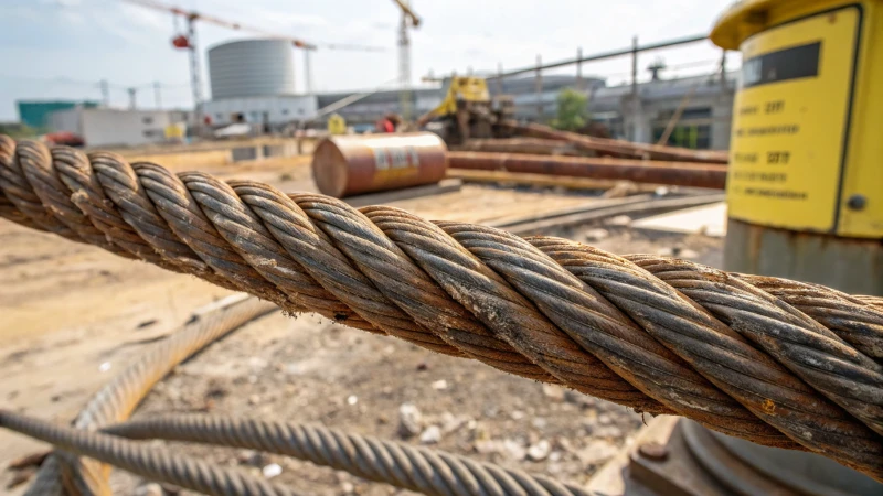Close-up of a worn and corroded steel wire rope at a construction site