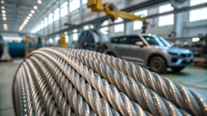 Close-up of shiny steel wire ropes in an automotive assembly line