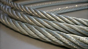 Close-up of intertwined steel wire ropes