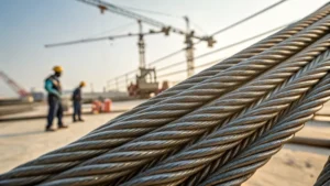 Close-up of steel wire ropes with a blurred construction site in the background