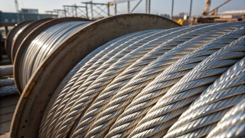 Close-up of steel wire ropes with shiny protective coatings