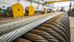 Close-up of various steel wire ropes with coatings