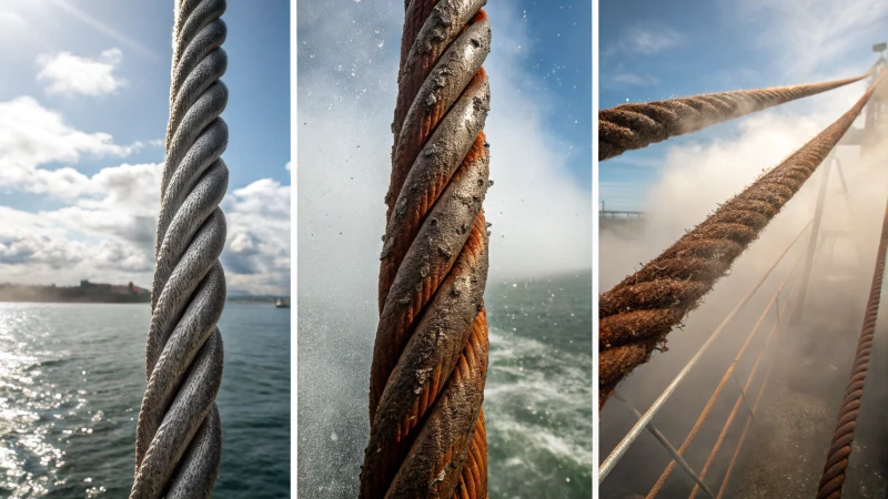 Three sections of steel wire ropes in different environmental conditions.